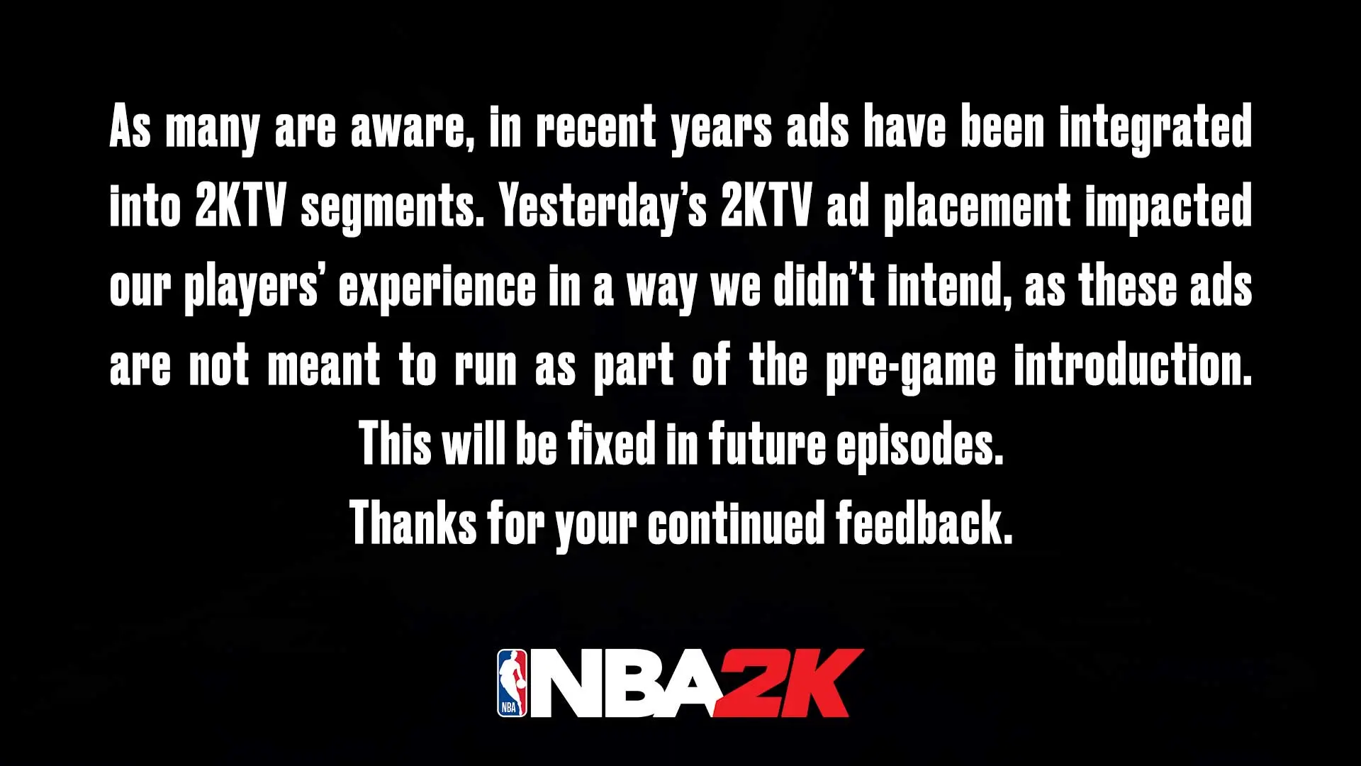NBA 2K21 in-game ads statement