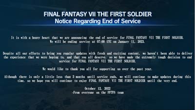 Final Fantasy VII: The First Soldier is already shutting down