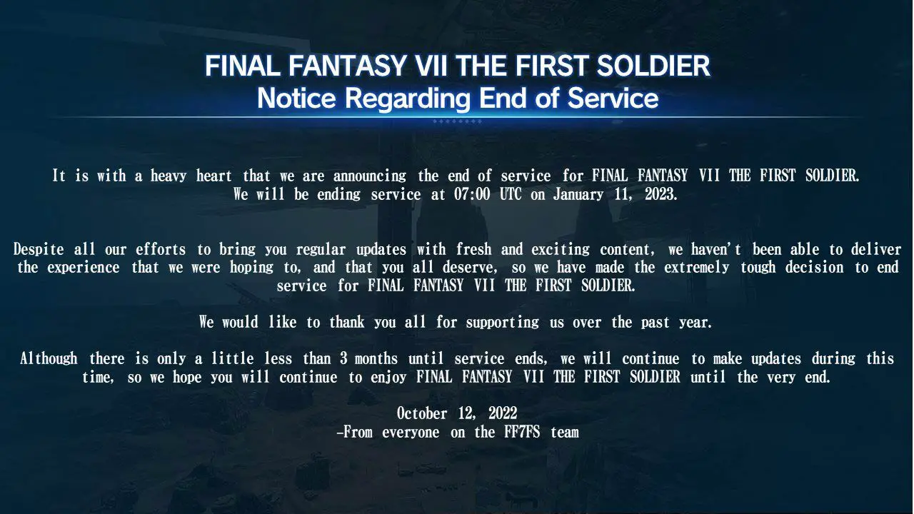 Final Fantasy VII: The First Soldier is already shutting down
