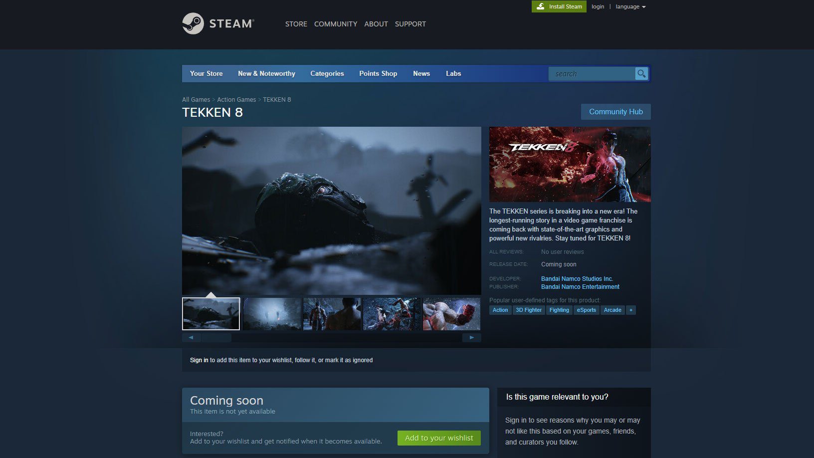 Tekken 8 product page appears on Steam
