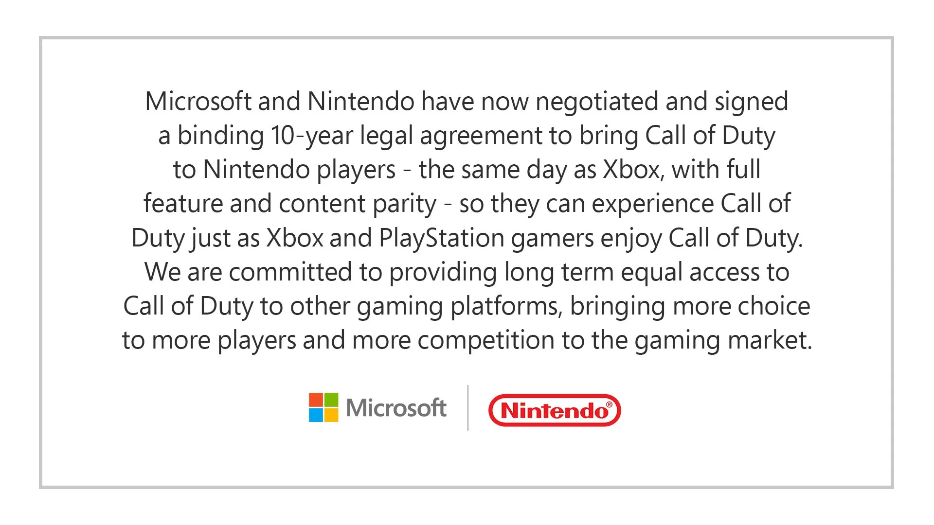 Microsoft Nintendo Call of Duty agreemnet
